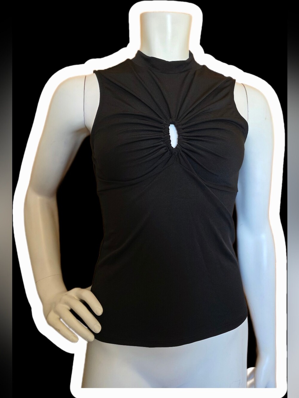 Suzy Shier Black Sleeveless Mock Neck Top with Front Ruched Keyhole